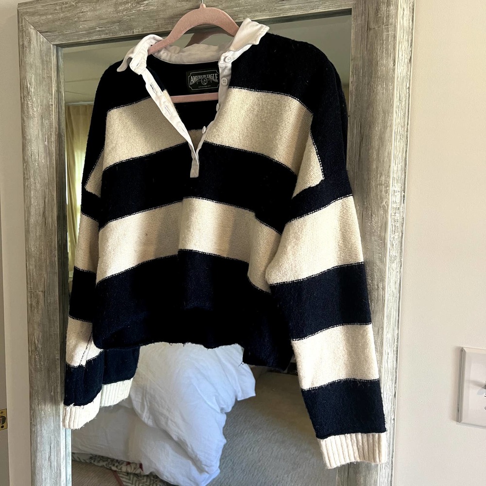 American Eagle Navy/Cream Collared Stripped Sweater
